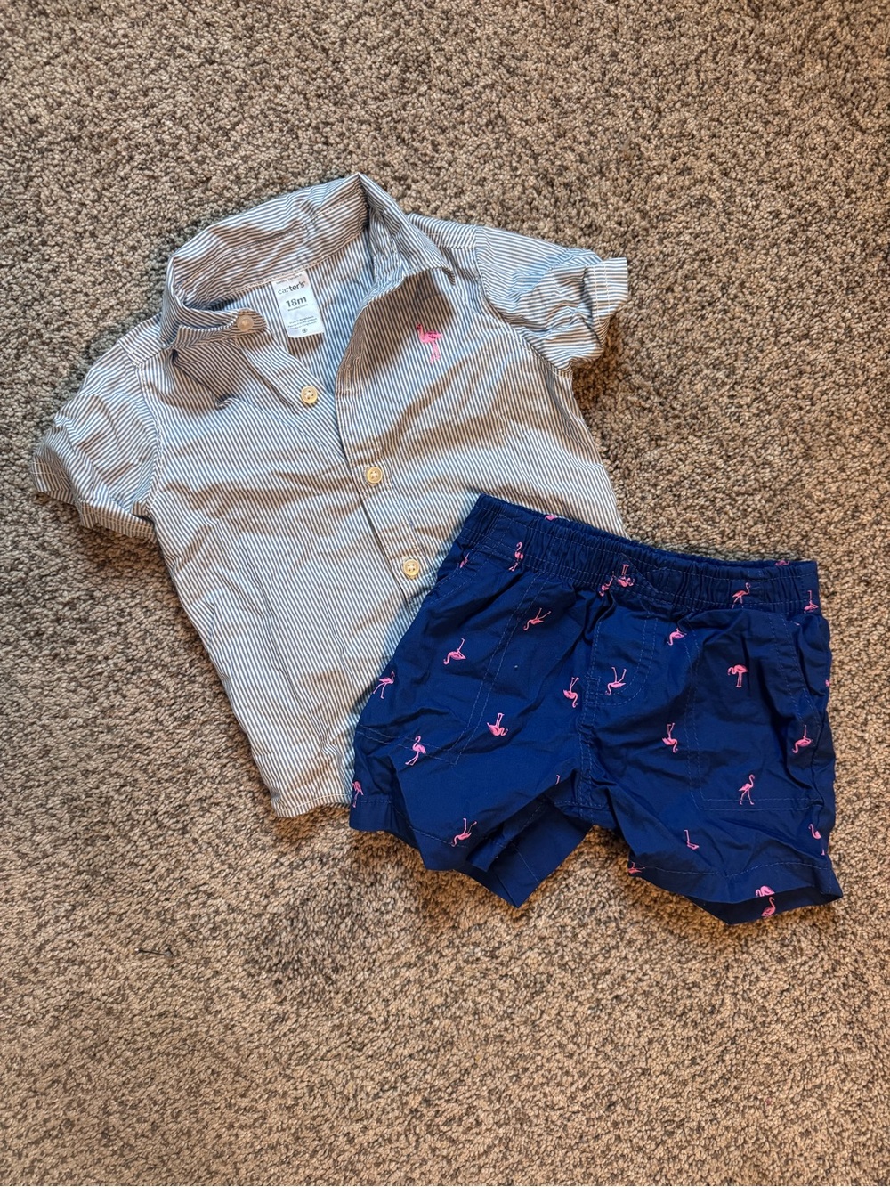 Carter's Navy Blue Shorts with Pink Flamingo & Light Blue Striped Shirt Set
